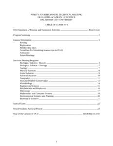 NINETY-FOURTH ANNUAL TECHNICAL MEETING OKLAHOMA ACADEMY OF SCIENCE OKLAHOMA CITY UNIVERSITY TABLE OF CONTENTS OAS Statement of Purpose and Sponsored Activities .................................................. Front Cov