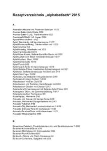 Rezeptverzeichnis „alphabetisch“ 2015 A Amarettini-Mousse mit Prosecco-SabayonAnanas-Buttermilch-Shake 9/64 Ananas-Enten-Curry, Thailändisches 5/22 Ananassaft-Rüebli mit, Ingwer 5/64