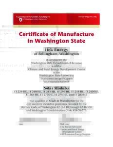 Certificate of Manufacture in Washington State itek Energy of Bellingham, Washington is certified by the