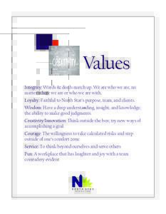 Values Integrity: Words & deeds match up. We are who we are, no matter where we are or who we are with. Loyalty: Faithful to North Star’s purpose, team, and clients. Wisdom: Have a deep understanding, insight, and know