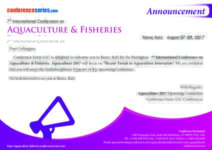 Announcement  conferenceseries.com 7th International Conference on  Aquaculture & Fisheries