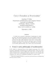 Curry’s Formalism as Structuralism∗ Jonathan P. Seldin Department of Mathematics and Computer Science
