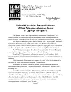 National Writers Union, UAW Local[removed]University Place, 6th Floor New York, NY[removed]Contact: Larry Goldbetter, [removed]Tom Gradel, [removed]