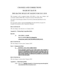 CHANGES AND CORRECTIONS MADE BY ISAF IN THE RACING RULES OF SAILING FORThis document will be updated duringto show any changes and corrections made by ISAF. This is Version 6 issued on 9 December 20