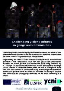 Challenging violent cultures in gangs and communities Challenging violent cultures in gangs and communities was the theme of two recent seminars supported by the Youth Council for Northern Ireland under the Peace III Rec