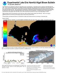 Experimental Lake Erie Harmful Algal Bloom Bulletin 15 July 2016, Bulletin 02 Cyanobacteria has appeared in Lake Erie, generally at low concentrations. Some Microcystis is present in the Maumee Bay area. This is typical 