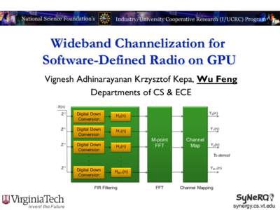 Wideband Channelization for Software-Defined Radio on GPU Vignesh Adhinarayanan Krzysztof Kepa, Wu Feng Departments of CS & ECE  synergy.cs.vt.edu