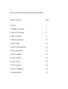 My Favorite Pablo Neruda, selected by Jason Espada.  Table of Contents page