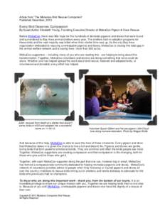 Article from “The Mickaboo Bird Rescue Companion” Published December, 2013 Every Bird Deserves Compassion By Guest Author Elizabeth Young, Founding Executive Director of MickaCoo Pigeon & Dove Rescue Before MickaCoo,