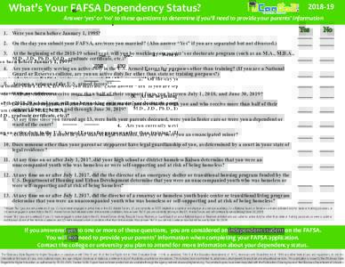 What’s Your FAFSA Dependency Status?  Answer ‘yes’ or ‘no’ to these questions to determine if you’ll need to provide your parents’ information