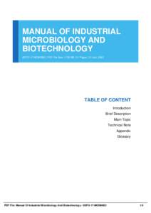 MANUAL OF INDUSTRIAL MICROBIOLOGY AND BIOTECHNOLOGY SEFO-17-MOIMAB3 | PDF File Size 1,700 KB | 51 Pages | 21 Jan, 2002  TABLE OF CONTENT