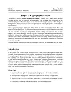 CIS 331 Introduction to Networks & Security January 27, 2015 Project 1: Cryptographic Attacks