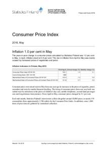 Prices and CostsConsumer Price Index 2018, May  Inflation 1.0 per cent in May