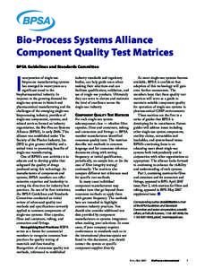 Bio-Process Systems Alliance Component Quality Test Matrices BPSA Guidelines and Standards Committee I