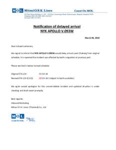 Notification of delayed arrival NYK APOLLO V.093W March 06, 2018 Dear Valued customers, We regret to inform that NYK APOLLO V.093W would delay arrival Laem Chabang from original