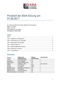 Protokoll der AStA-Sitzung amOrt: Campus Scharnhorststraße, Gebäude 9, Sitzungsraum Beginn: 14.40 Uhr Ende: 15.21 Uhr Sitzungsleitung: Lisa Habigt