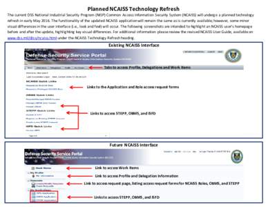 Planned NCAISS Technology Refresh  The current DSS National Industrial Security Program (NISP) Common Access Information Security System (NCAISS) will undergo a planned technology refresh in early MayThe functiona