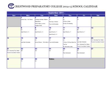 CRESTWOOD PREPARATORY COLLEGE[removed]SCHOOL CALENDAR ~ September 2014 ~ Sun Mon