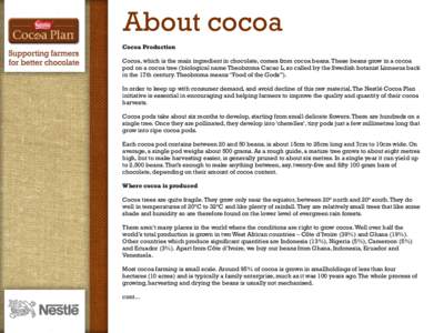 About cocoa Cocoa Production Cocoa, which is the main ingredient in chocolate, comes from cocoa beans. These beans grow in a cocoa pod on a cocoa tree (biological name Theobroma Cacao L, so called by the Swedish botanist