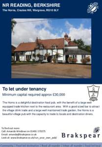 NR READING, BERKSHIRE The Horns, Crazies Hill, Wargrave, RG10 8LY Pub photo in here  To let under tenancy