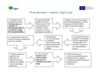 Work placement – Student - Step by step 1. Attend the initial information meeting. Tell placement coordinator or international office if you intend to apply