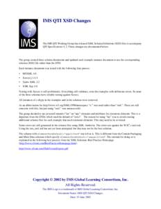 IMS QTI XSD Changes  The IMS QTI Working Group has released XML Schema Definition (XSD) files to accompany QTI Specification v1.2. These changes are documented below.  The group created three schema documents and updated