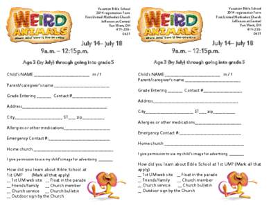 Vacation Bible School 2014 registration Form First United Methodist Church Jefferson at Central Van Wert, OH[removed]