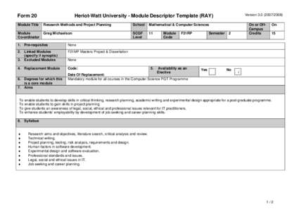 Form 20  VersionHeriot-Watt University - Module Descriptor Template (RAY)