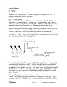 Mix Minus What? Joe Klinger JK Audio, Inc. Mix Minus is an audio signal that is carefully designed to avoid feedback and echo in a conference or telephone interface application. Here is a typical scenario: