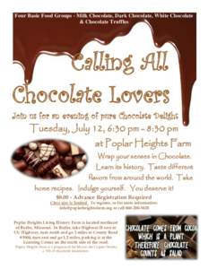 Four Basic Food Groups - Milk Chocolate, Dark Chocolate, White Chocolate & Chocolate Truffles Calling All Chocolate Lovers Join us for an evening of pure Chocolate Delight