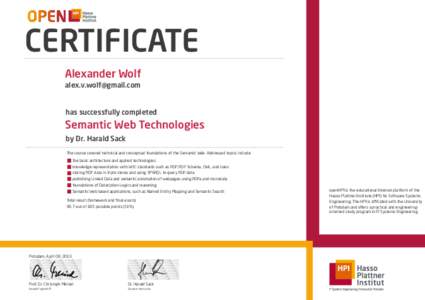 CERTIFICATE Alexander Wolf [removed] has successfully completed