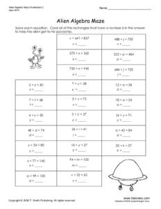 Alien Algebra Maze Worksheet 2