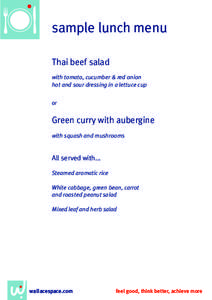 sample lunch menu Thai beef salad with tomato, cucumber & red onion hot and sour dressing in a lettuce cup or