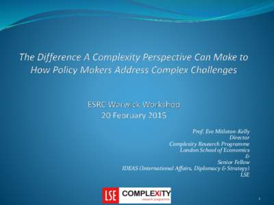 Prof. Eve Mitleton-Kelly Director Complexity Research Programme London School of Economics & Senior Fellow