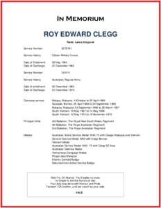 In Memorium ROY EDWARD CLEGG Rank: Lance Corporal Service Number:  