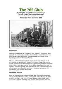 The 762 Club Building No 762 Baldwin locomotive Lyn for the Lynton & Barnstaple Railway Newsletter No 1 - SummerIntroduction