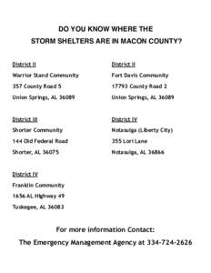 DO YOU KNOW WHERE THE STORM SHELTERS ARE IN MACON COUNTY? District II District II