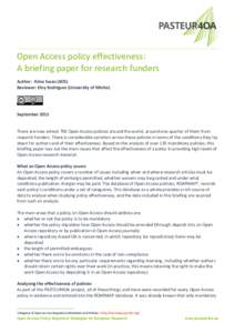 Open Access policy effectiveness: A briefing paper for research funders Author: Alma Swan (ΕΟS) Reviewer: Eloy Rodrigues (University of Minho)  September 2015