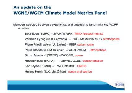 An update on the WGNE/WGCM Climate Model Metrics Panel	
   Members selected by diverse experience, and potential to liaison with key WCRP activities: Beth Ebert (BMRC) – JWGV/WWRP, WMO forecast metrics Veronika Eyring