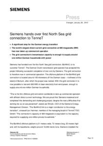 Press Release: Siemens hands over first North Sea grid connection to TenneT