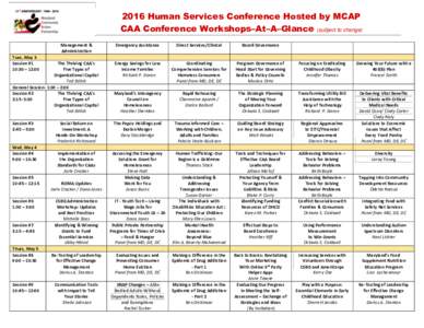 2016 Human Services Conference Hosted by MCAP CAA Conference Workshops–At–A–Glance (subject to change) Management & Administration  Emergency Assistance