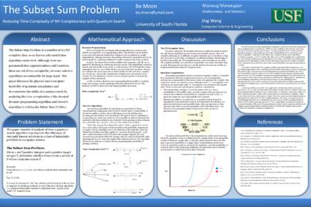The Subset Sum Problem Reducing Time Complexity of NP-Completeness with Quantum Search Abstract The Subset Sum Problem is a member of the NPcomplete class, so no known polynomial time algorithm exists for it. Although th