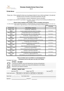 Wanslea Outside School Hours Care Apr-15 Childs Name Please note - When signing this sheet you are giving permission for your child to participate in the planned activities and any Incursions or Excursions planned for th