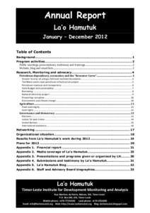 Annual Report La’o Hamutuk January – December 2012 Table of Contents Background................................................................................................. 1 Program activities...................