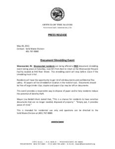Office of the Mayor WOONSOCKET, RHODE ISLAND PRESS RELEASE  May 28, 2015