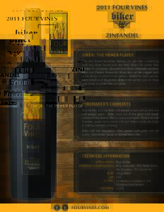 2011 FOUR VINES  ZINFANDEL BIKER: THE POWER PLAYER Like that driven-but-dusty feeling you get after a satisfying road trip, Biker bursts with the bold flavors for which Paso