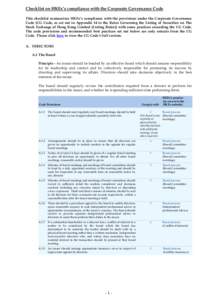 Checklist on HKEx’s compliance with the Corporate Governance Code This checklist summarises HKEx’s compliance with the provisions under the Corporate Governance Code (CG Code, as set out in Appendix 14 to the Rules G