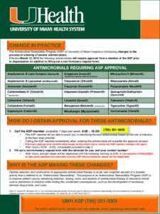 CHANGE IN PRACTICE The Antimicrobial Stewardship Program (ASP) at University of Miami Hospital is introducing changes to the process of ordering of several antimicrobials. Effective March 12, 2014 the following antimicro