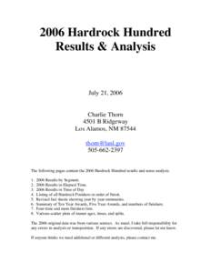 2006 Hardrock Hundred Results & Analysis July 21, 2006 Charlie Thorn 4501 B Ridgeway