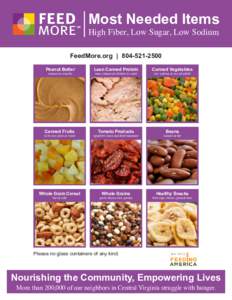 Most Needed Items High Fiber, Low Sugar, Low Sodium FeedMore.org | Peanut Butter creamy or crunchy